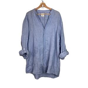 Baird McNutt Murano Men's 2XT‎ Linen Mandarin Collar Roll Tab Sleeve Shirt Blue